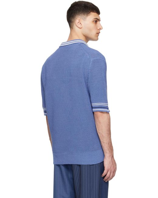 メンズ Marni ネイビー ロゴ刺繍 ニットポロシャツ Blue