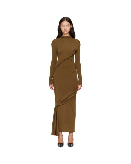 Mugler Green Khaki Draped Turtleneck Maxi Dress