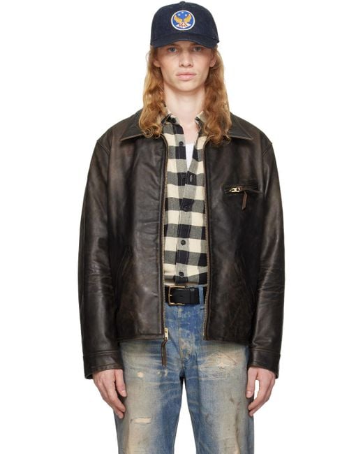 RRL Black Faded Grained Leather Moto Jacket for men