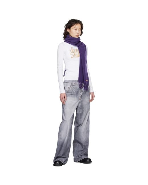 Acne Purple Fringe Wool Skinny Scarf for men