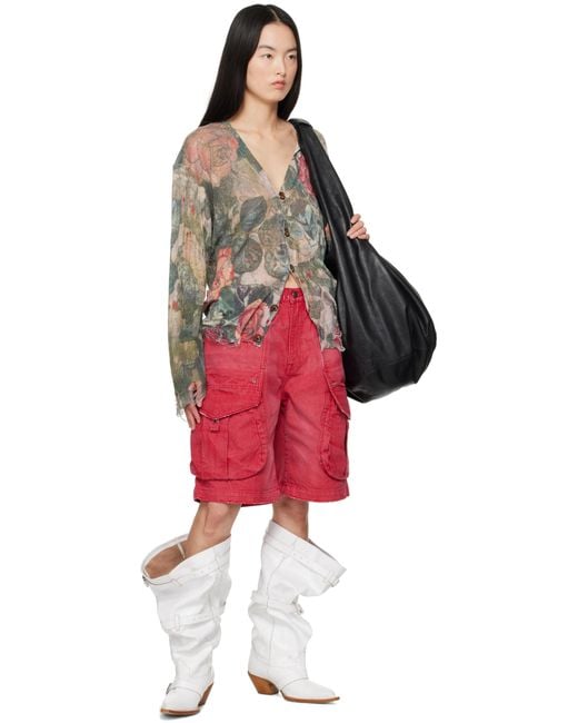 R13 レッド マルチポケット バギー デニムショートパンツ Red