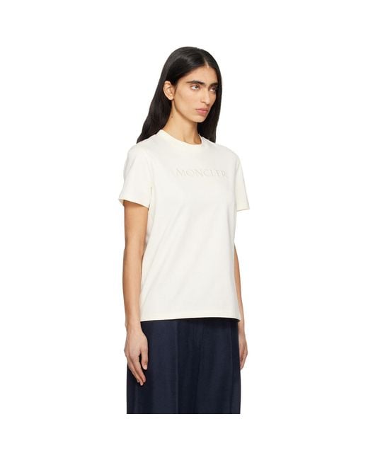 Moncler White Off- Embroidered Tonal Logo Cotton T-Shirt