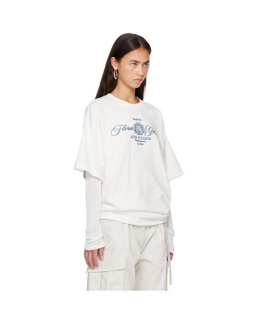 Acne White Off- Embroidered Long Sleeve T-Shirt