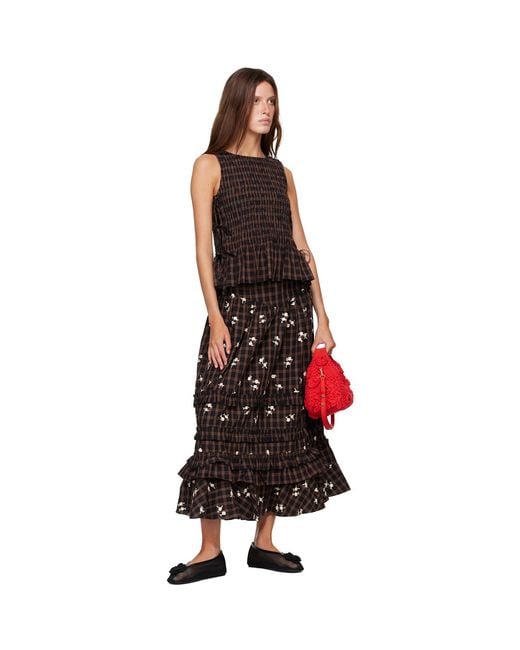 Ganni Brown Yarn Dyed Check Long Tiered Frill Maxi Skirt