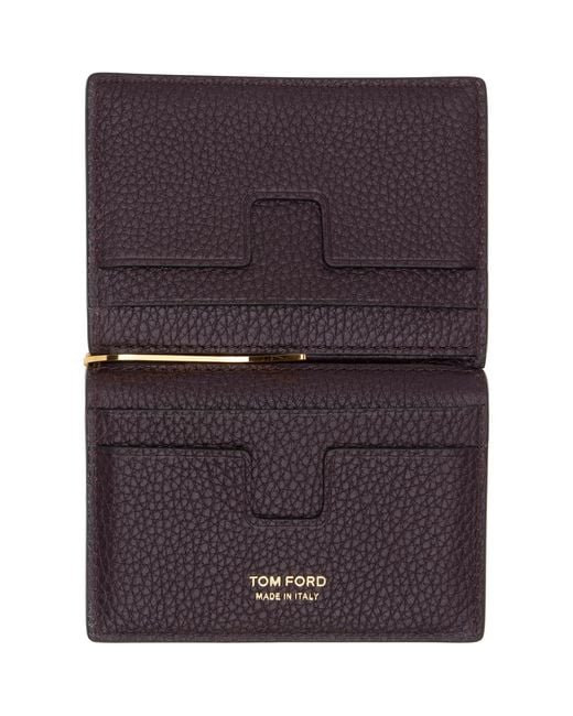 Tom Ford Purple Burgundy Soft Grain Leather Folding Money Clip Card Holder for men
