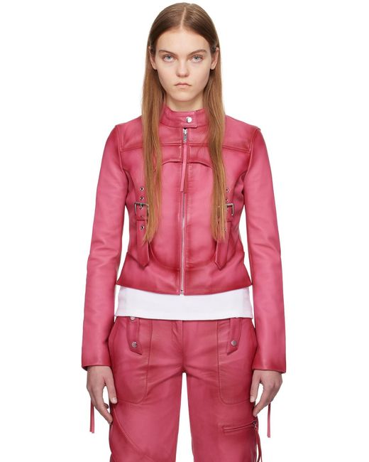 Blouson motard rose en cuir à pattes à boucle à ardillon Blumarine en coloris Red