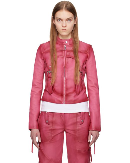 Blumarine Red Pink Guêpière Leather Biker Jacket