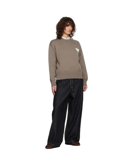 AMI Brown Taupe Wool & Cotton Crewneck Ami De Coeur Sweater