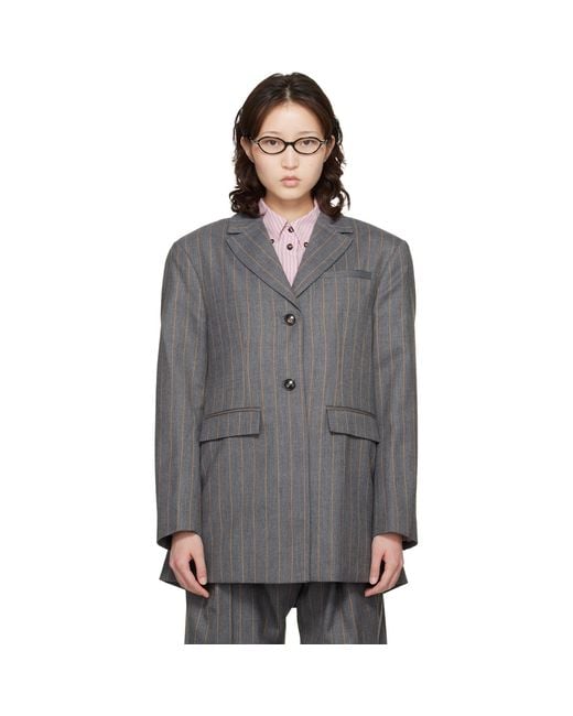 Ganni Gray Stripe Wool Blazer