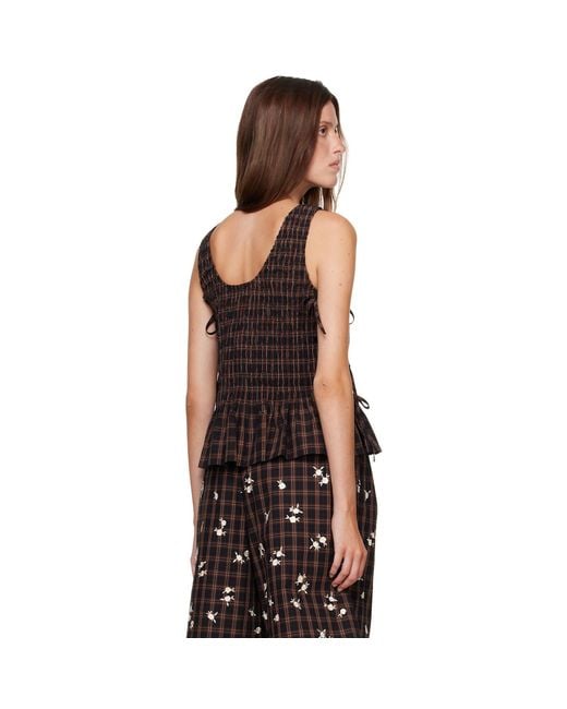 Ganni Black Yarn Dyed Check Smocked Tie String Top