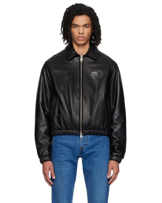 AMI Black Padded Leather Jacket for men