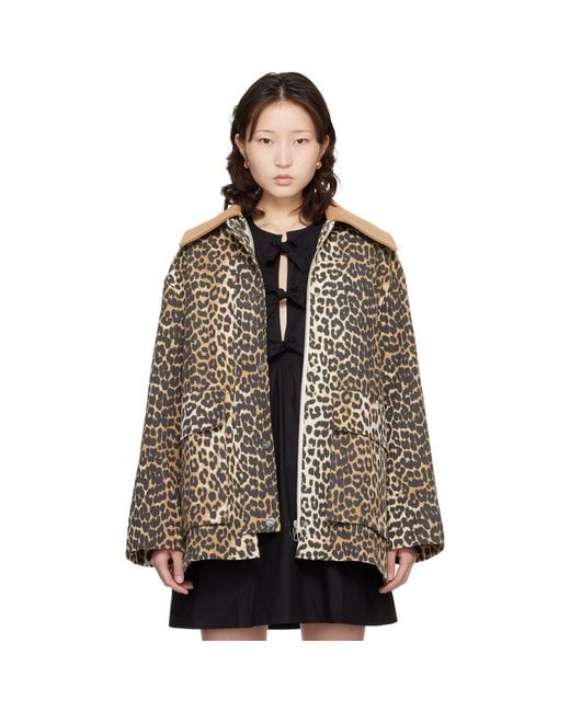 Ganni Brown Leopard Printed Canvas Midi Jacket