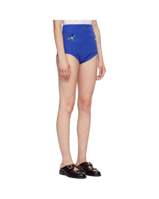 Marni Blue Wool-Cashmere Flower Embroidery Brief Shorts