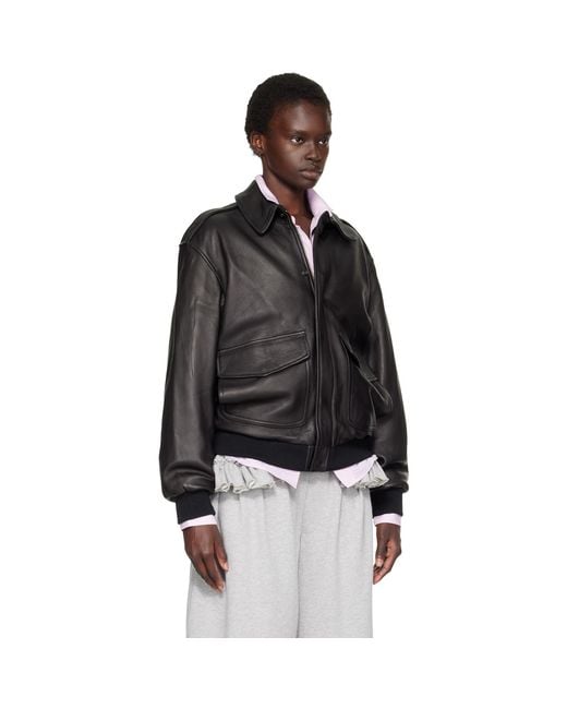 HOMMEGIRLS Black Zip Leather Bomber Jacket