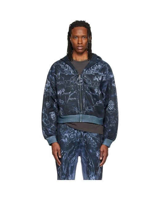we11done Blue Tattoo Printed Zip-Up Hoodie for men