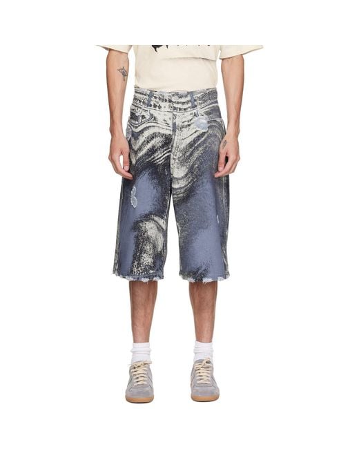 CAMPERLAB Blue Distorted Print Distressed Denim Shorts for men