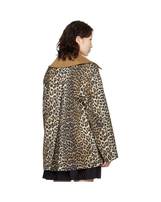 Ganni Brown Leopard Printed Canvas Midi Jacket