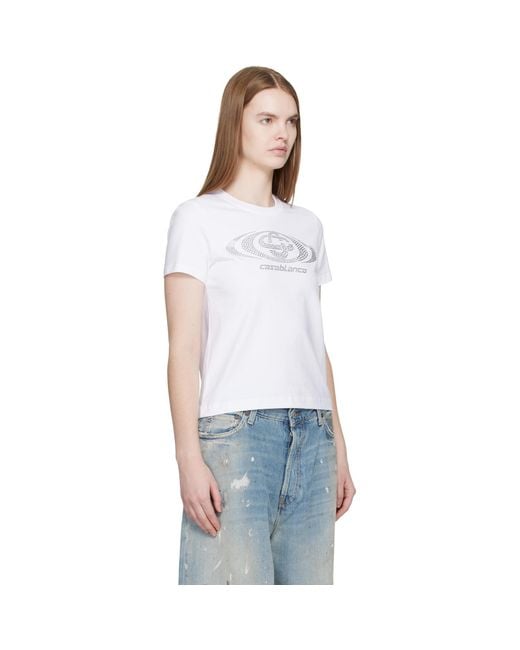 Casablanca White Crystal Warped Logo Fitted Short Sleeve T‑Shirt
