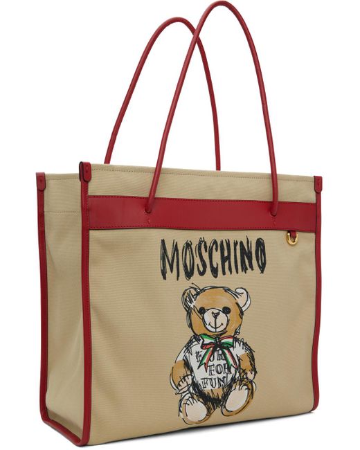Moschino Multicolor Beige Drawn Teddy Bear Canvas Shopper Tote