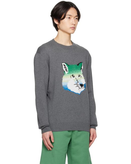 Maison Kitsuné Black Gray Fox Head Intarsia Sweater for men