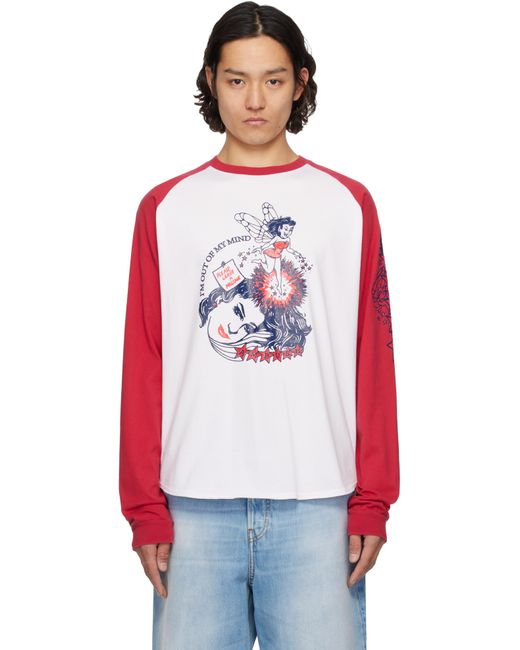 メンズ Ambush ホワイト＆レッド ラグラン 長袖Tシャツ Red