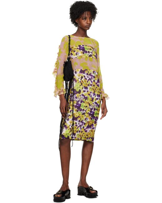 Dries Van Noten Black Yellow & Purple Dire Midi Dress