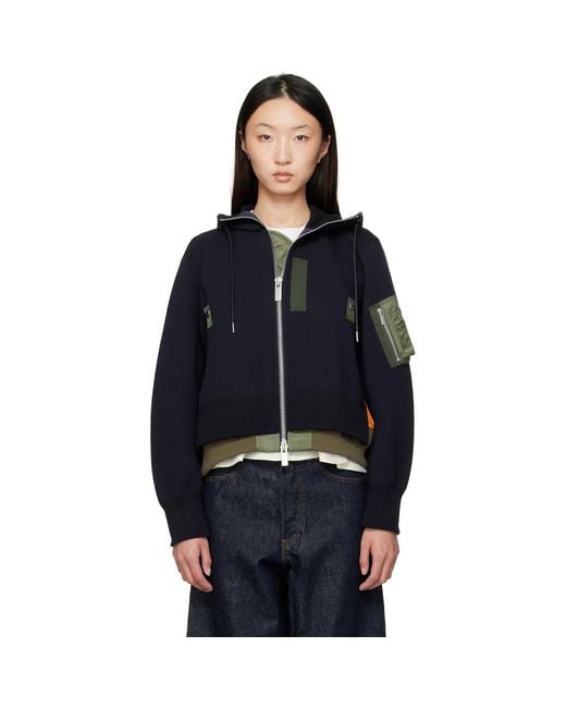 Sacai Blue Khaki Sponge Sweat X Nylon Twill Hoodie