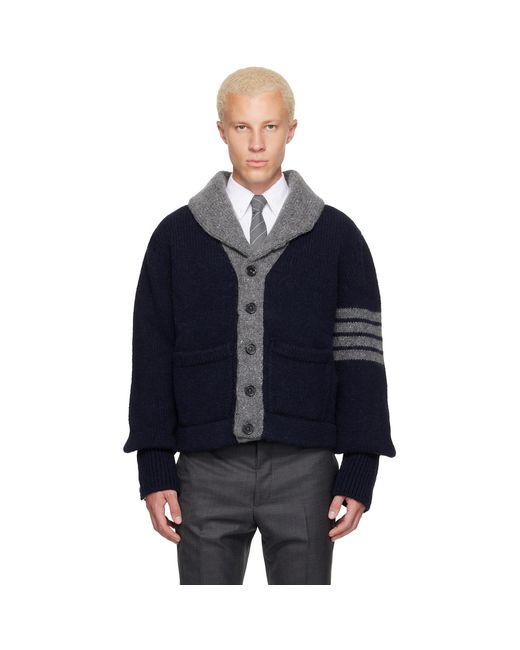 Thom Browne Blue 'Browne 65' Jersey Intarsia Shawl Collar Cardigan for men
