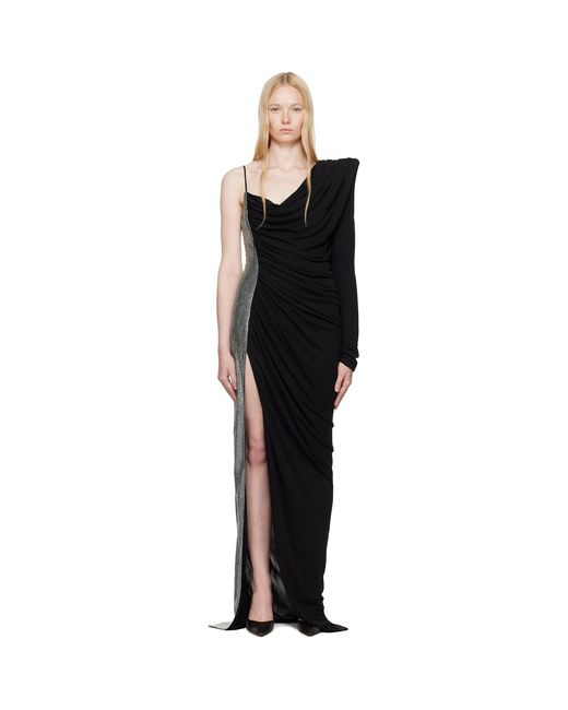 Balmain Black Draped Asymmetrical Two-Material Maxi Dress