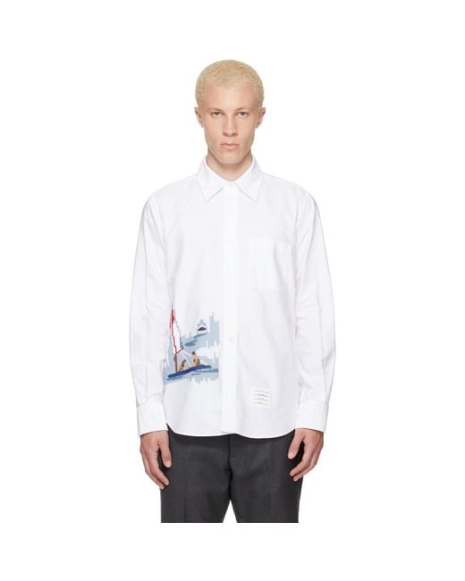 Thom Browne White Scenic Sailboat & Shark Oxford Shirt for men
