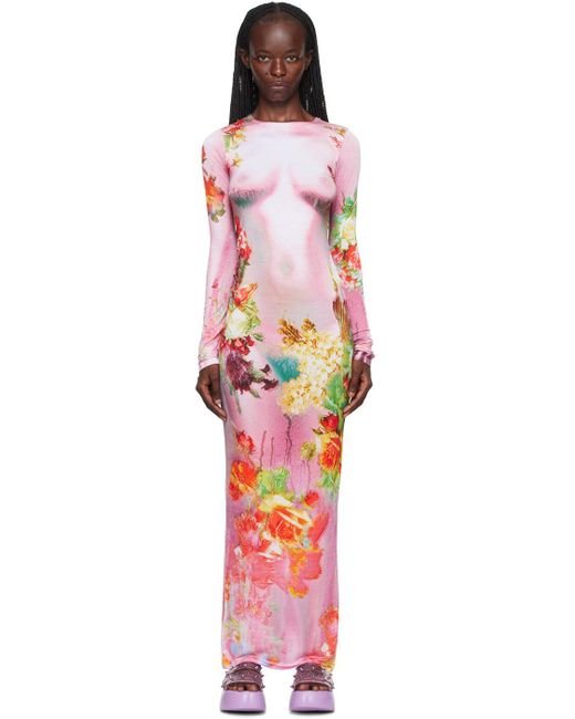 Jean Paul Gaultier Pink Flower Trompe L'oeil Stretch-woven Maxi Dress