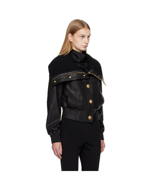Balmain Black Lambskin & Knit Bomber Jacket