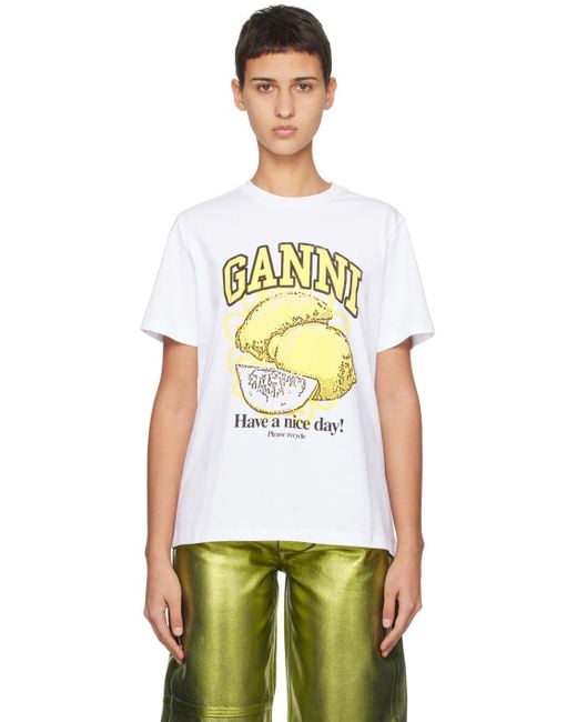Ganni White Relaxed Lemon T-shirt.