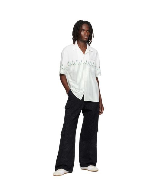 Casablanca White Linen Floral Stripe Sporty Short Sleeve Shirt for men