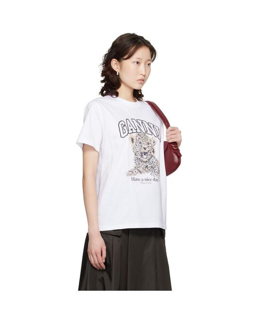 Ganni White Basic Jersey Leopard Relaxed T-Shirt