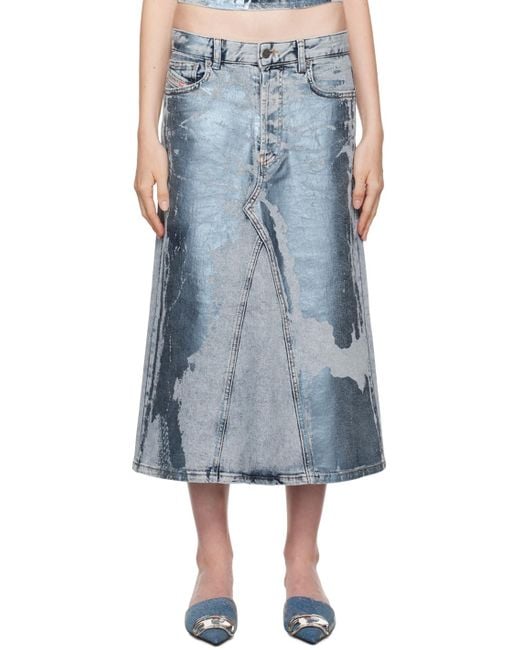 DIESEL Blue Foil-Coated Distressed Denim Midi Skirt