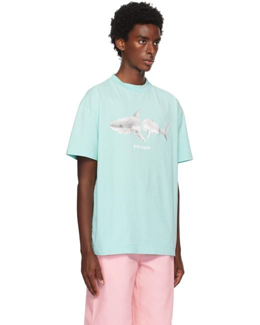 Palm Angels Blue Shark-print Organic Cotton T-shirt for men