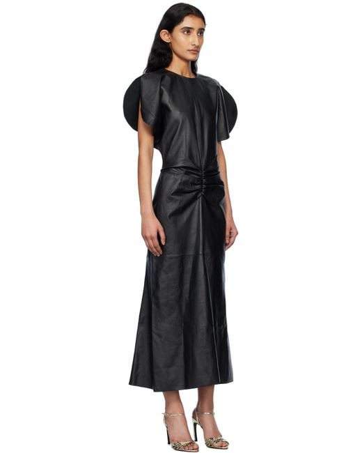 Victoria Beckham Black Gathered Waist Leather Midi Dress