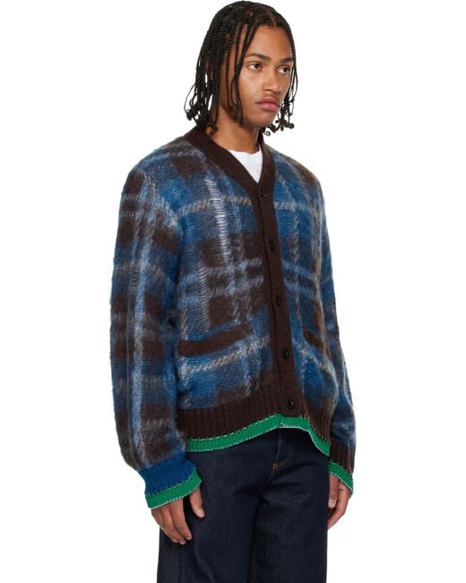 Sacai Blue Plaid Mohair Knit Cardigan for men