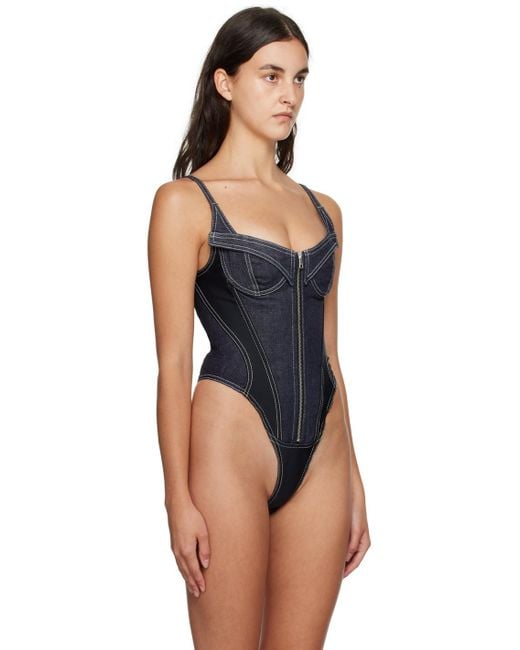 Mugler Blue Navy & Black Paneled Denim Bodysuit