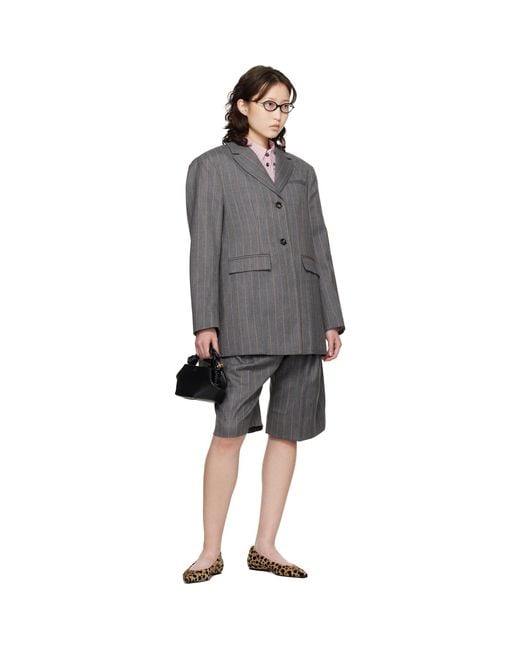 Ganni Gray Stripe Wool Blazer