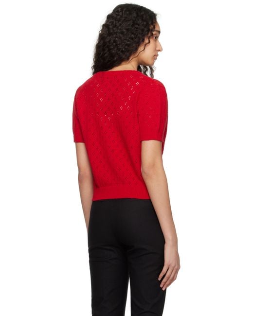 DUNST レッド クロシェ 五分袖 カーディガン Red