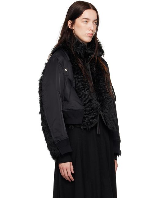 Sacai Black Faux Fur & Nylon Twill Bomber Jacket
