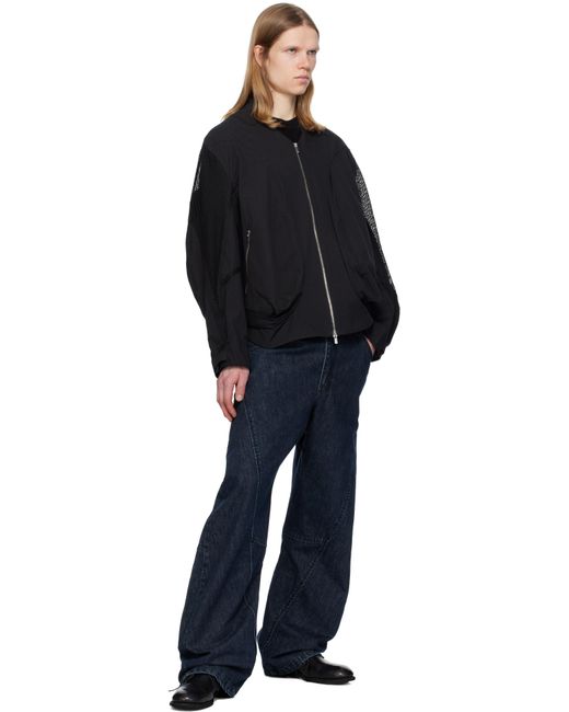 メンズ JiyongKim ブラック Draped Pocket メッシュスリーブ ボンバージャケット Blue