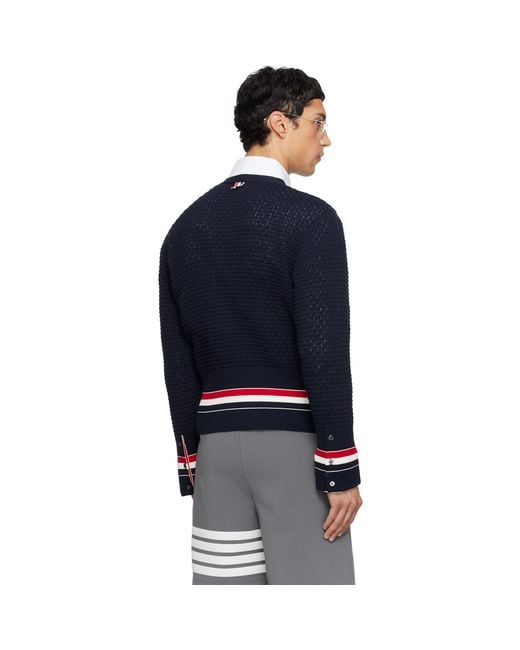 Thom Browne Blue Float Ripple Stitch Rwb Cardigan for men