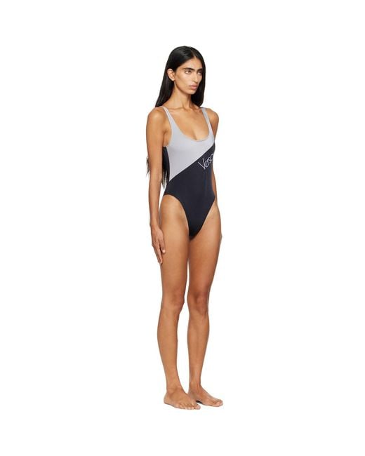 Versace Blue Embroidered-Logo One-Piece Swimsuit