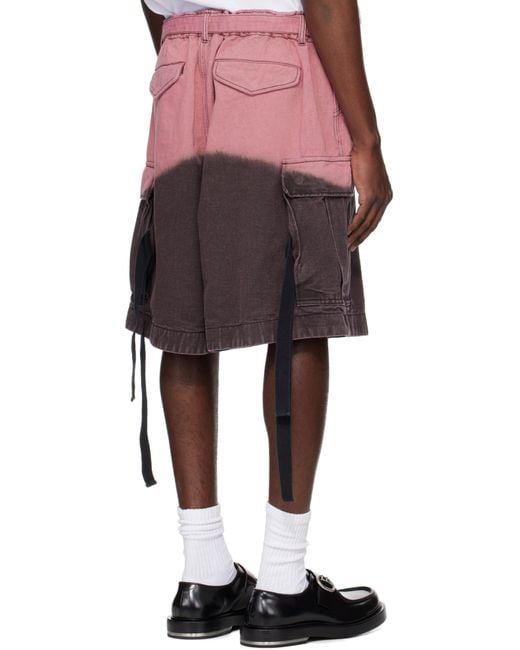 メンズ Sacai グレー＆ピンク ガーメントダイ デニム カーゴショートパンツ Red