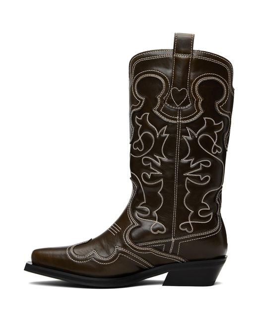 Ganni Brown Mid Shaft Embroidered Western Boots