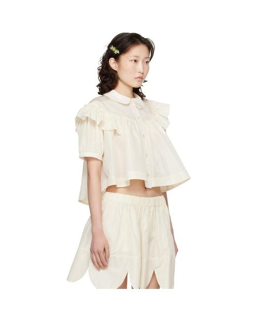 Simone Rocha Natural Off- Cropped Puff Sleeve Ruffle Frill Shirt