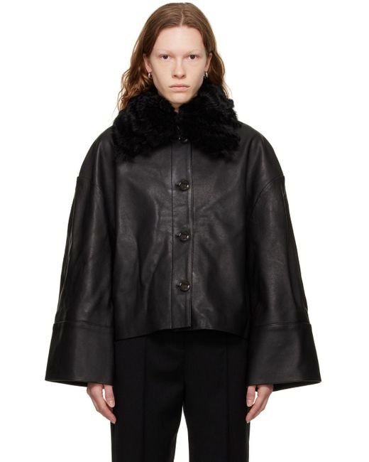 Totême Black Shearling Collar Leather Jacket | Lyst